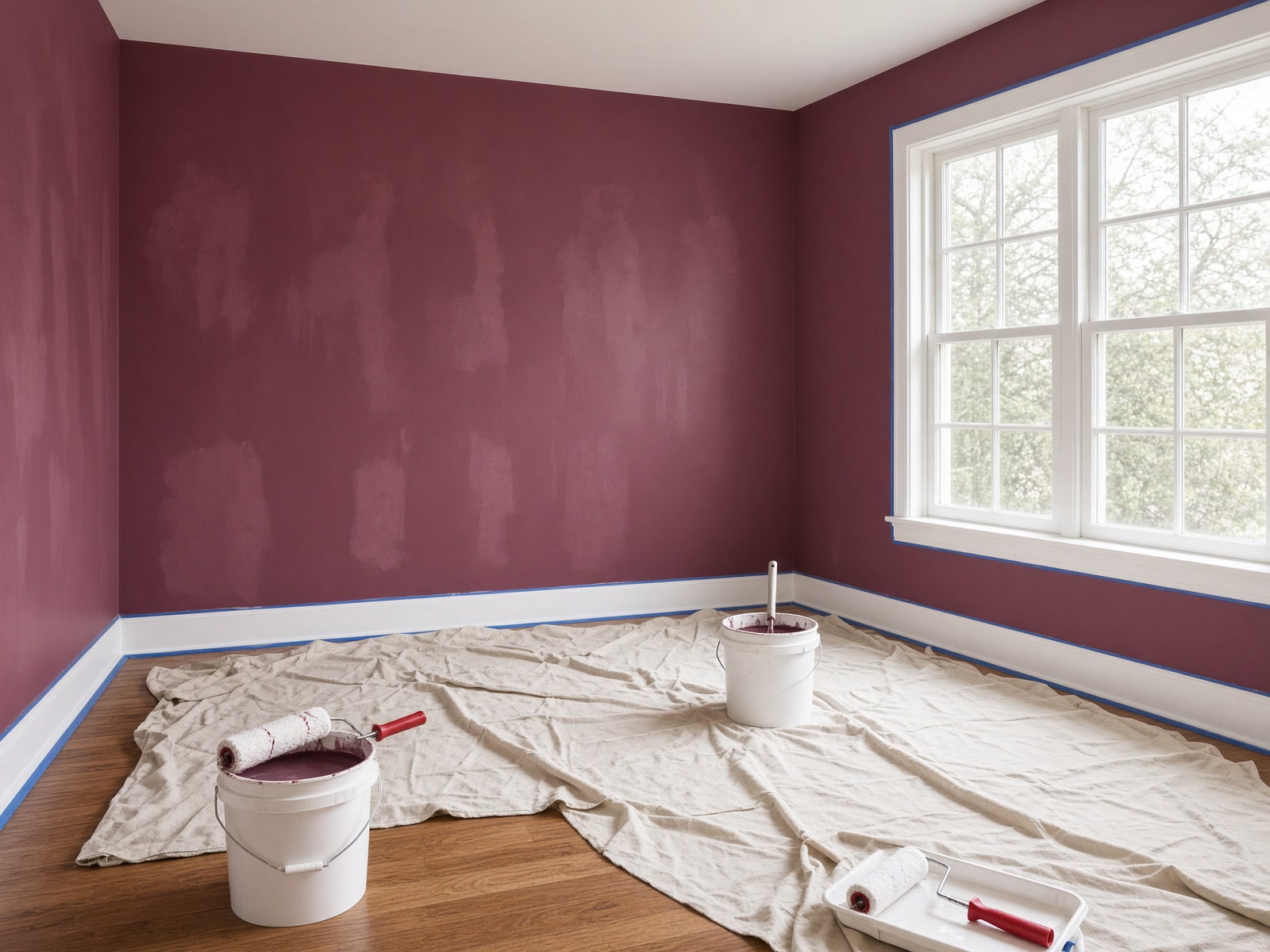 Job-site prep with drop cloths and painter's tape